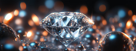 Sparkling diamond resting on a bed of shimmering pearls in an elegant, illuminated setting at nightの素材