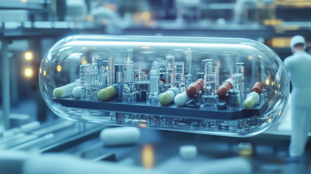 Close-up view of a laboratory capsule containing various pills amid a sterile environment in a pharmaceutical facilityの素材
