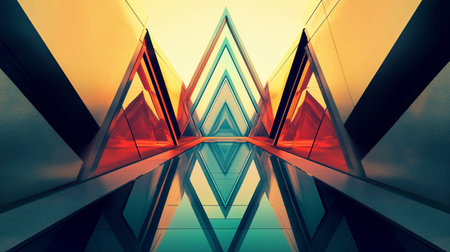 Colorful geometric shapes reflect in a modern artistic hallway with vibrant lighting during sunset hoursの素材