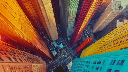 Aerial view of colorful skyscrapers rising high above an urban street in a bustling city during sunny daylightの素材