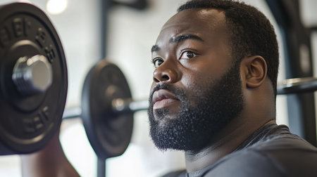 Man lifting weights in a gym during a strength training session, showcasing dedication and focus while exercisingの素材