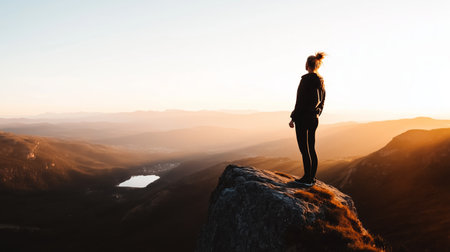 A person standing on a rocky ledge at sunset, overlooking a vast mountainous landscape with a shimmering lake in the distanceの素材