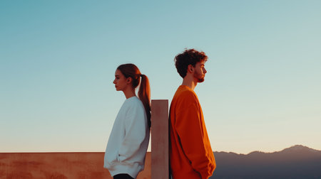 Young couple standing back to back on a rooftop at sunset, reflecting on their relationship in a serene atmosphereの素材