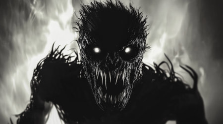 Dark creature with glowing eyes surrounded by flames, creating a haunting atmosphere at nightの素材
