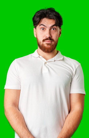 A man with a serious expression stands against a vibrant green backgroundの写真素材