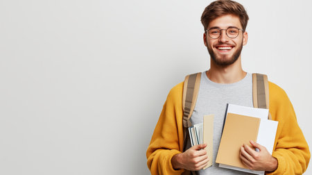 Young man with glasses smiling while holding books and notebooks in a casual settingの素材