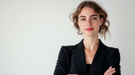 Professional young woman confidently posing against a light background in a stylish black blazer, showcasing her poised demeanorの素材