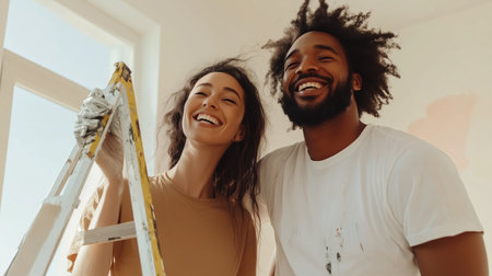 Happy couple enjoying a home painting project together on a sunny day in their living roomの素材