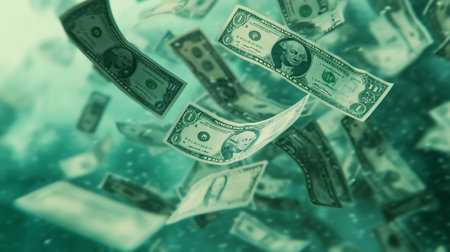 Flying dollar bills underwater creating a mesmerizing and surreal visual effect in a dynamic aquatic environmentの素材