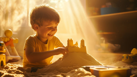 A joyful child builds a sandcastle indoors, playing with toys while sunlight streams through the window in a cozy roomの素材