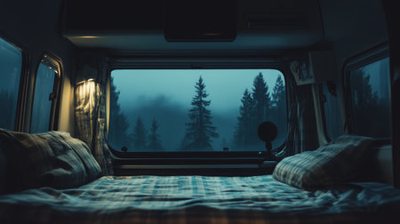 Cozy camper interior with a bed and scenic forest view at dusk in a tranquil camping environmentの素材