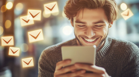 A young man smiles while using a tablet in a cozy cafÃ©, surrounded by animated email icons in the eveningの素材