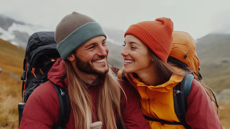 Joyful outdoor couple enjoying a cozy moment in mountain terrain during a hiking adventure in fallの素材