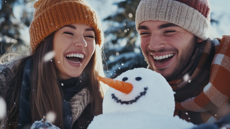 Couple enjoys winter fun while building a snowman in a snowy landscape, smiling and laughing together during a sunny afternoonの素材