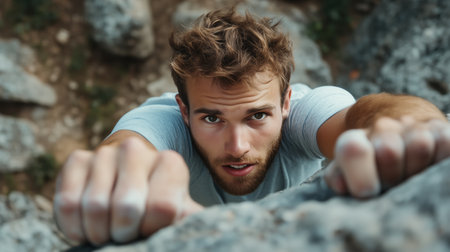 A young man climbs a steep rock face, showcasing determination and skill during a sunny afternoon in the mountainsの素材