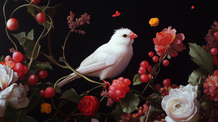 A white bird perched among colorful flowers in a dark setting, showcasing natures beauty and tranquility during daytimeの素材