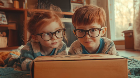 Two children with glasses eagerly explore a mysterious box in a cozy living room filled with warm sunlight and colorful decorの素材