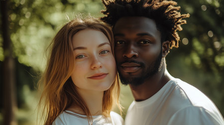 A couple enjoying a warm afternoon together in a lush green park, capturing their joy in a candid moment of connection and loveの素材