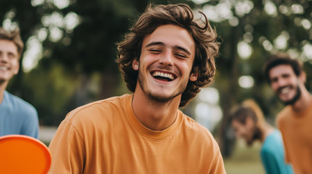 Group of friends enjoying a sunny day outdoors while playing frisbee in a park, capturing laughter and camaraderieの素材