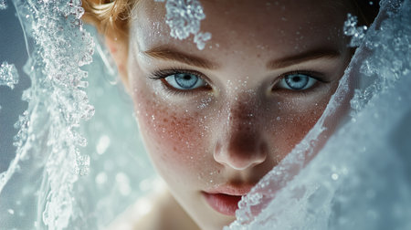 A close-up portrait of a girl with striking blue eyes and water droplets glistening on her delicate features, captured in ethereal lightingの素材