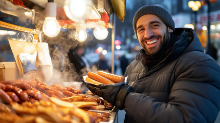 A smiling man enjoying street food with grilled sausages at a bustling market in the eveningの素材