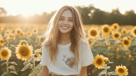 A young woman enjoys a sunny day in a sunflower field during golden hour near a vibrant countryside settingの素材