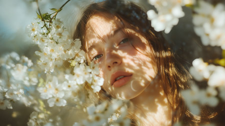 A young woman gazes serenely through delicate cherry blossoms during a sunny afternoon in springの素材