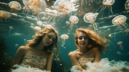 Two women immersed in an underwater landscape surrounded by graceful jellyfish in a serene ocean settingの素材