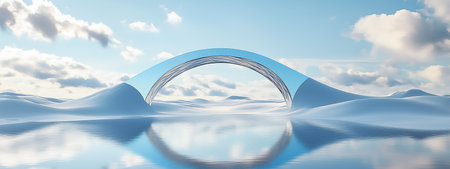 A stunning modern bridge structure spanning tranquil waters under a bright blue sky with fluffy clouds in a serene landscapeの素材