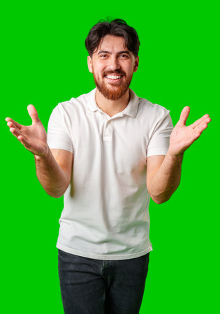 Young man expresses surprise in front of a bright green backgroundの写真素材
