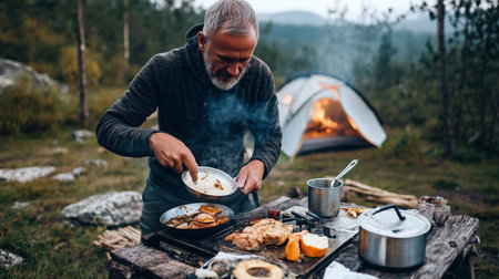An older man cooks a hearty meal outdoors near a tent in a scenic forest at duskの素材