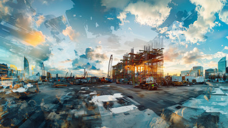 Construction site at sunset showcasing cranes and scaffolding in an urban settingの素材