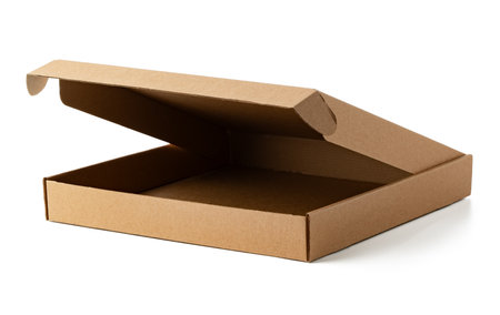 Empty cardboard box on a white surface showing its open position