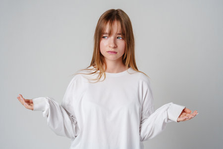 A young girl wearing a white long-sleeve shirt expressing confusion in a minimalistic gray studio...