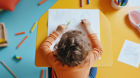 A young child draws colorful pictures at a vibrant play area with various art supplies scattered aroundの素材