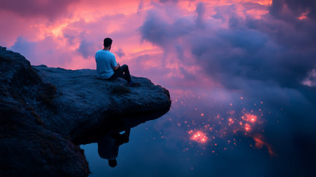A person sitting on a rocky ledge at sunset, reflecting on calm waters surrounded by vibrant clouds and distant lightsの素材
