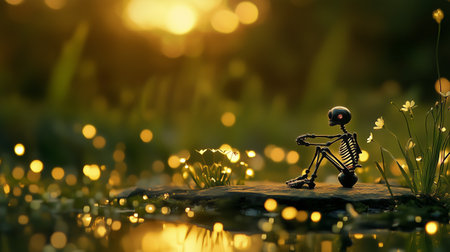 A small skeleton sits by a serene pond surrounded by glowing flowers under the warm light of sunsetの素材
