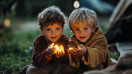 Two young children joyfully holding glowing lights in their hands during an outdoor evening gathering in a serene natural settingの素材