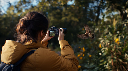 A person captures a bird in flight while exploring a vibrant nature setting with autumn foliage in a lush park during daylightの素材