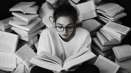 A young woman immersed in reading surrounded by stacks of open books in a cozy indoor settingの素材