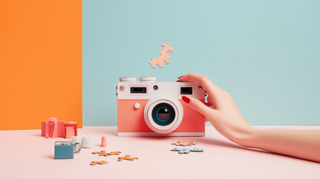 A hand reaching for a vintage camera while surrounded by colorful jigsaw pieces on a pastel backdropの素材