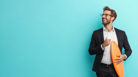 Young professional in a suit smiles while holding a surfboard against a vibrant blue backgroundの素材