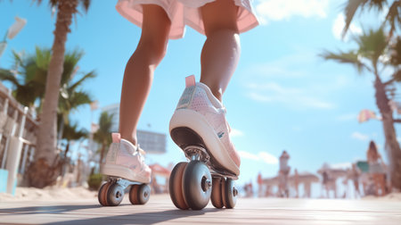 A young person skating on a sunny boardwalk near palm trees, enjoying the outdoors during the afternoonの素材