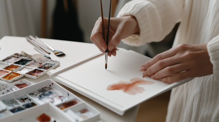 A person creates a watercolor painting at a bright indoor workspace with art supplies on a table during the daytimeの素材