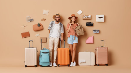 A couple stands with their suitcases and stylish bags against a beige background, ready for an exciting adventure on their summer tripの素材