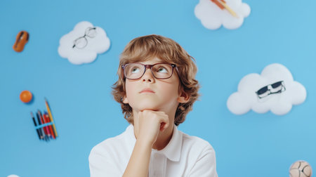 A thoughtful boy in a classroom setting surrounded by imaginative clouds and school-related items during a creative thinking sessionの素材