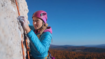 A climber ascends a rocky wall surrounded by vibrant autumn foliage against a clear blue skyの素材