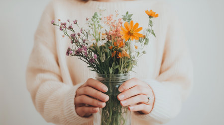 A person holding a glass jar filled with colorful wildflowers against a light background in a cozy settingの素材