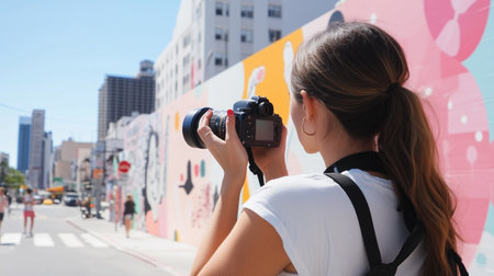 Young woman taking photographs of colorful street murals in a vibrant urban setting during daytimeの素材