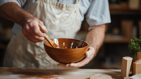 A skilled artisan prepares a wooden bowl in a cozy workshop, showcasing craftsmanship and dedication to traditional techniquesの素材